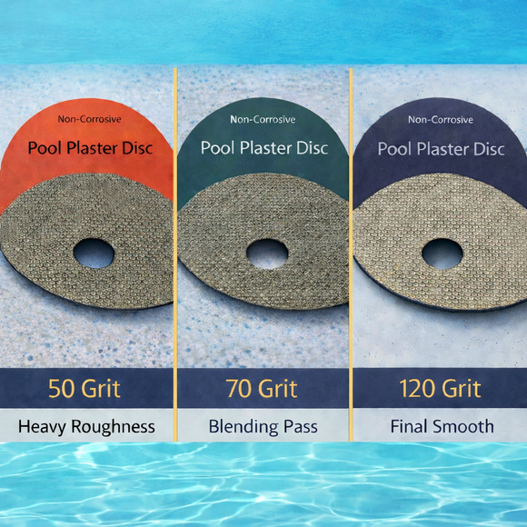 Pool Plaster Discs in 50, 70, and 120 grit featuring a non-corrosive Matrix Abrasive system designed for controlled surface correction on in-ground pool plaster.