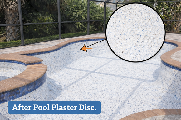 After progressing through 50-grit, 70-grit, and 120-grit Pool Plaster Discs, the surface was restored to a uniform, smooth finish using the dry polishing method. The goal is precision — correcting only what needs attention, and nothing more.