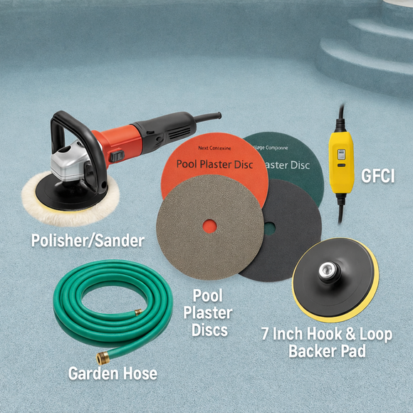 No specialty equipment is required — most users already own the tools needed for controlled pool plaster correction. Only the Pool Plaster Discs and matching backer pad are required.